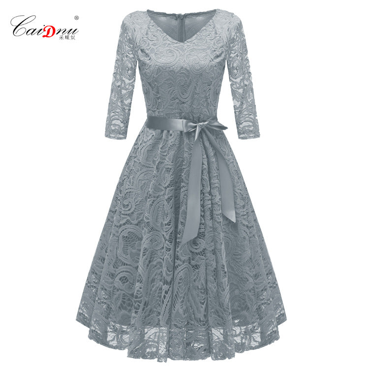 Elegant Long Sleeves Lace Dresses-Dresses-Gray-S-Free Shipping at meselling99