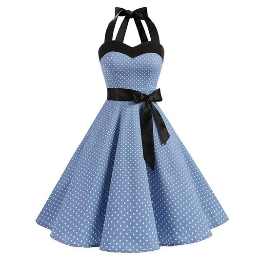 Retro Halter Dot Print Dresses-Vintage Dresses-Light Blue Small Dot-S-Free Shipping at meselling99