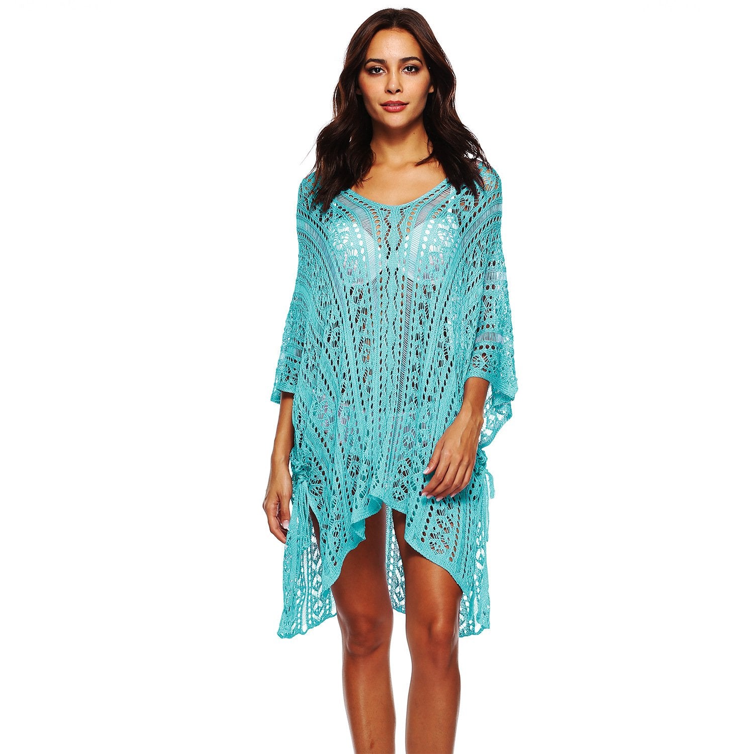 Summer Women Hollow Out Batwing Sleeves Beach Cover Ups Dress-Light Blue-One Size-Free Shipping at meselling99