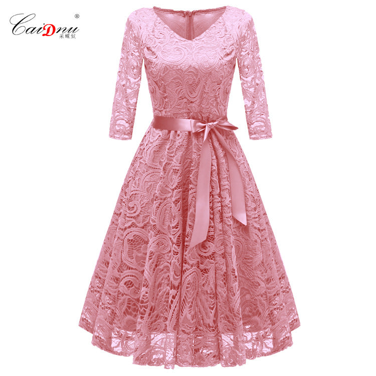 Elegant Long Sleeves Lace Dresses-Dresses-Pink-S-Free Shipping at meselling99
