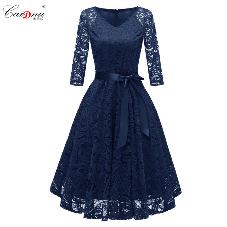 Elegant Long Sleeves Lace Dresses-Dresses-Navy Blue-S-Free Shipping at meselling99