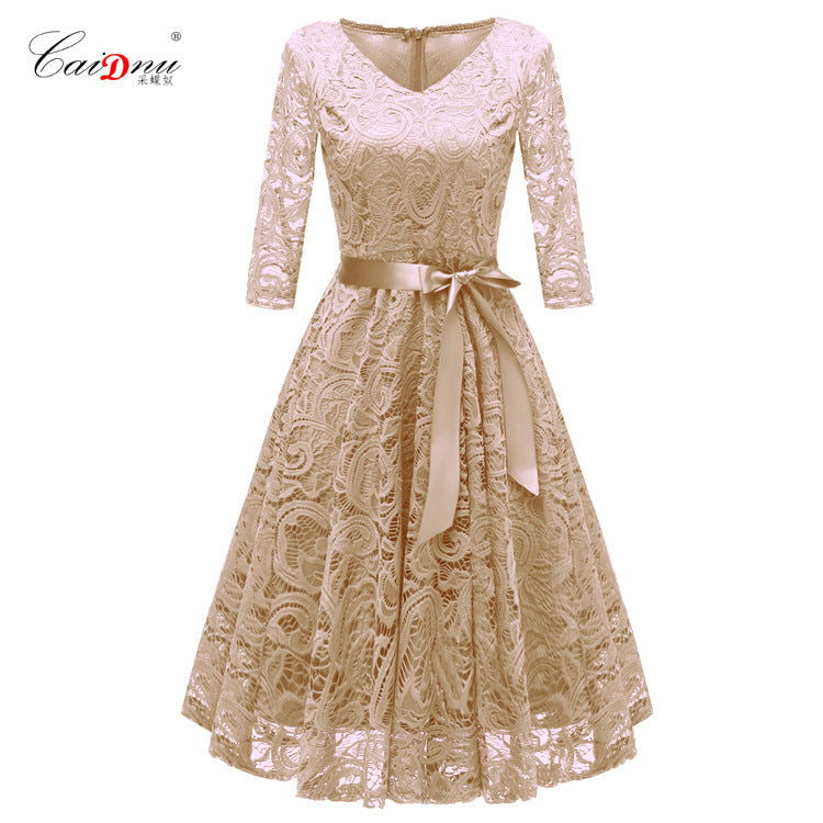 Elegant Long Sleeves Lace Dresses-Dresses-Apricot-S-Free Shipping at meselling99