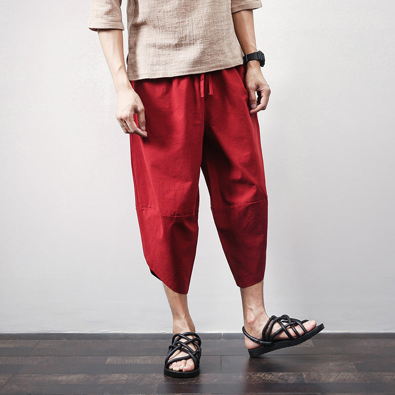 Casual Linen Plus Size Haren Men's Trousers-Pants-Wine Red-M-Free Shipping at meselling99