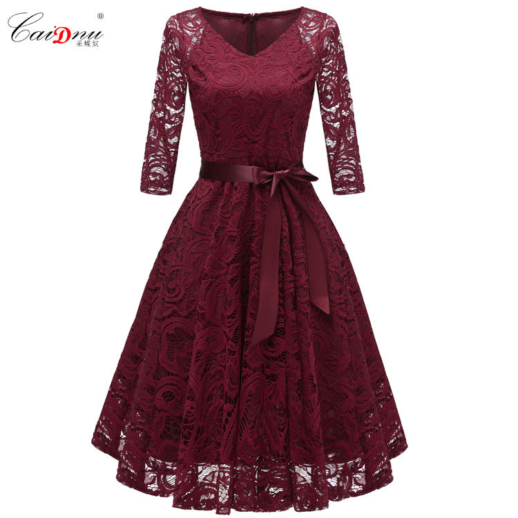 Elegant Long Sleeves Lace Dresses-Dresses-Wine Red-S-Free Shipping at meselling99