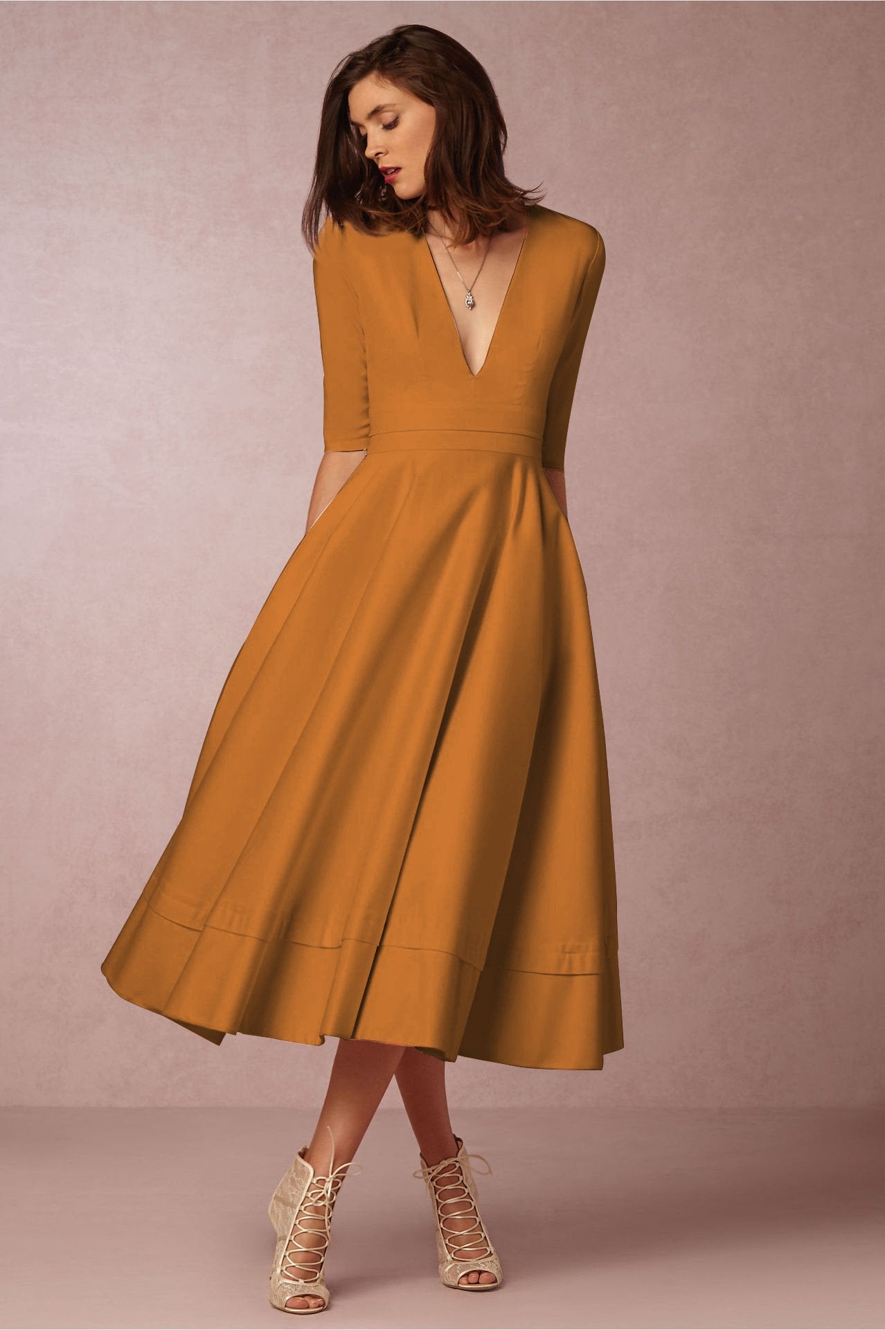 Sexy V Neck Half Sleeves Midi Length Dresses-Vintage Dresses-Yellow-S-Free Shipping at meselling99