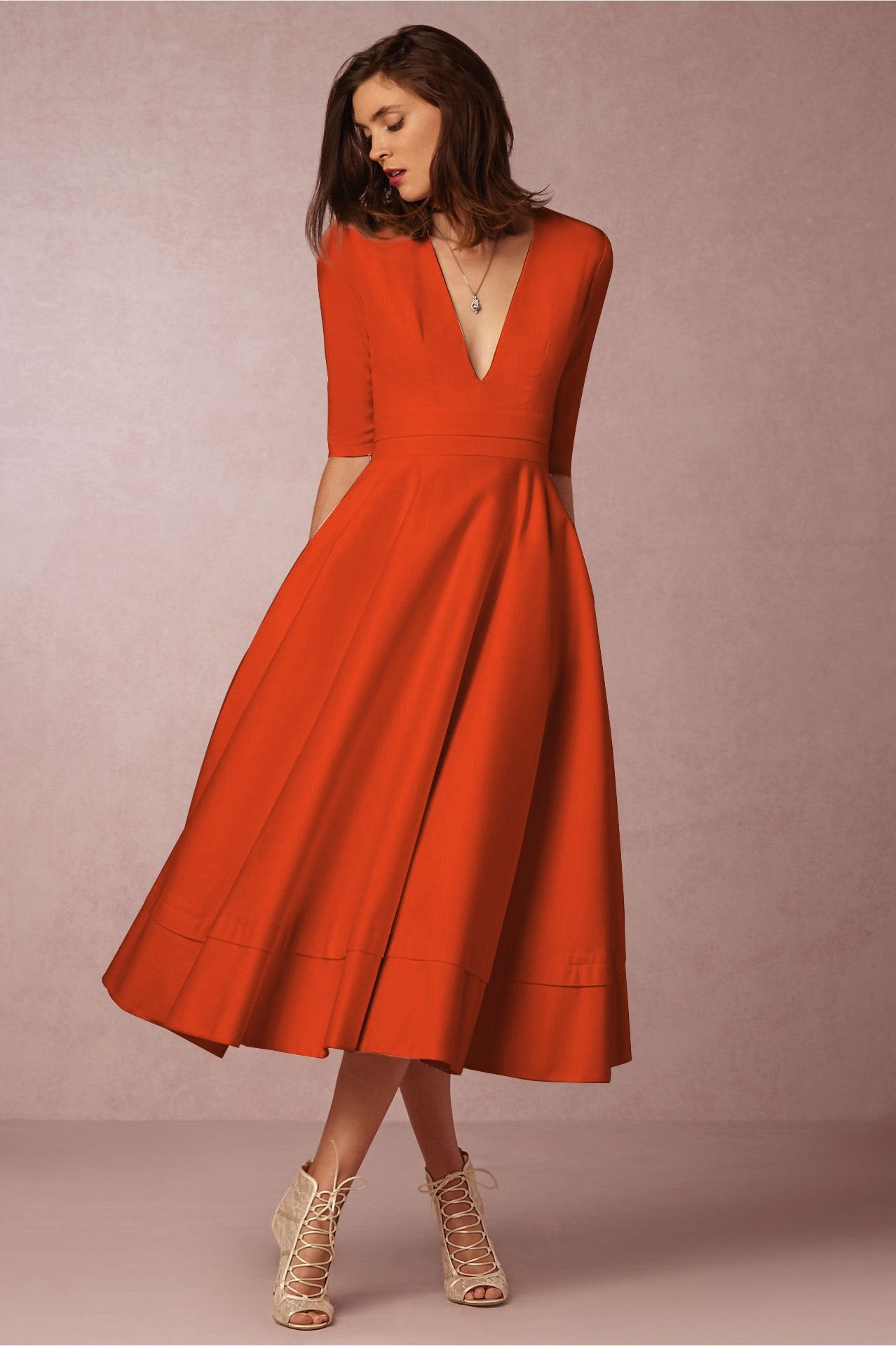 Sexy V Neck Half Sleeves Midi Length Dresses-Vintage Dresses-Orange-S-Free Shipping at meselling99