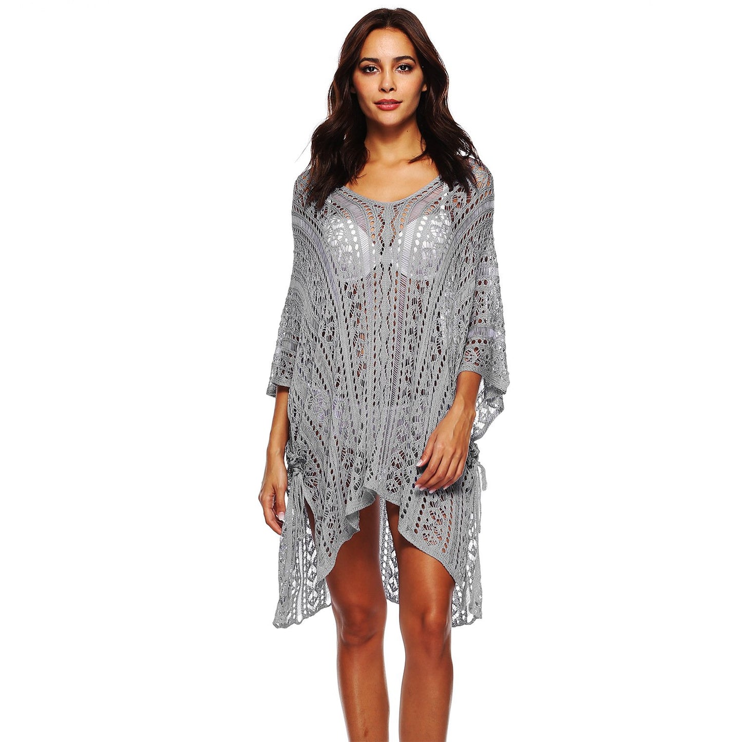 Summer Women Hollow Out Batwing Sleeves Beach Cover Ups Dress-Gray-One Size-Free Shipping at meselling99