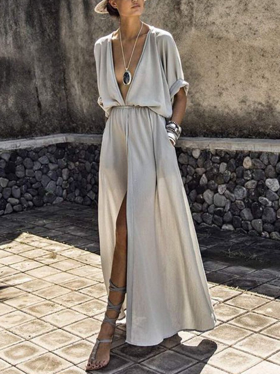 Simple Half Slleves Split Front Long Maxi Dresses-Maxi Dresses-Gray-S-Free Shipping at meselling99