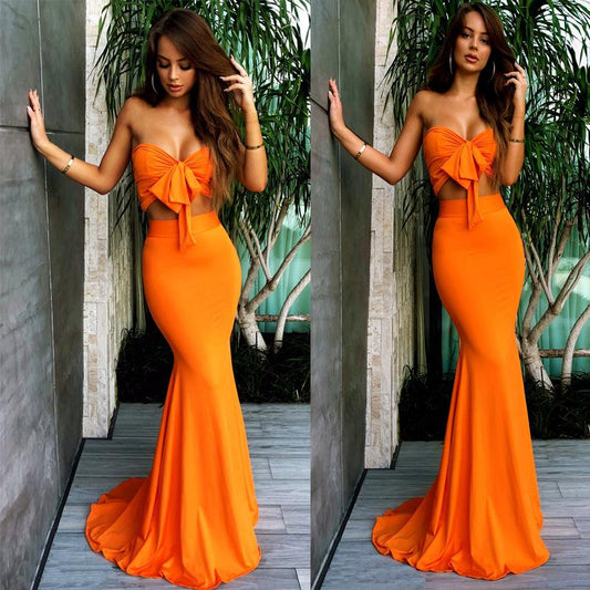 Orange Sexy Strapless Long Evening Party Dresses-Sexy Dresses-Free Shipping at meselling99