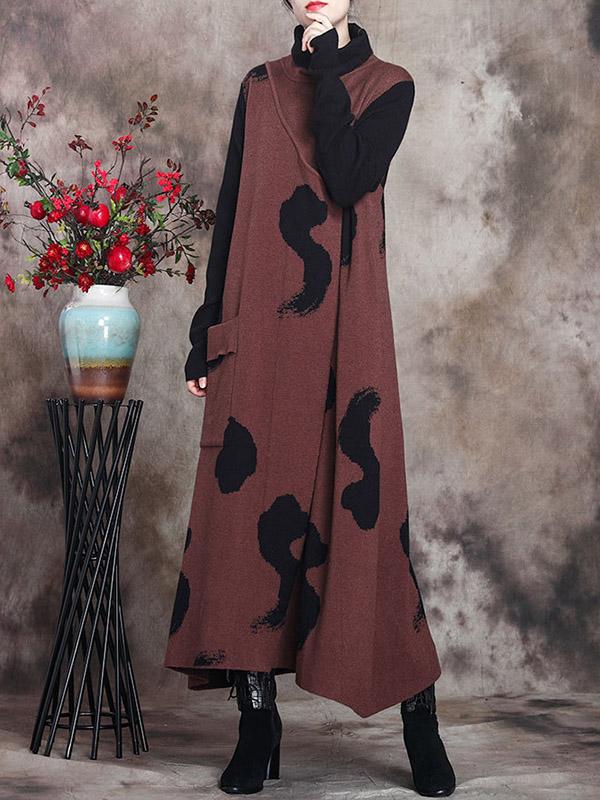 Simple Split-Joint High-Neck Knitting Dress-Midi Dress-COFFEE-FREE SIZE-Free Shipping at meselling99