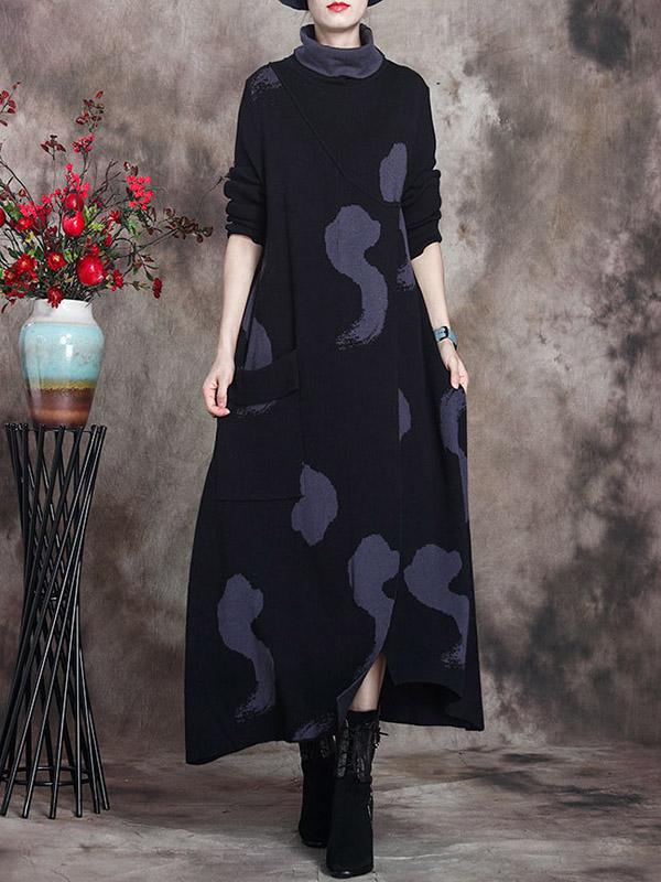 Simple Split-Joint High-Neck Knitting Dress-Midi Dress-BLACK-FREE SIZE-Free Shipping at meselling99