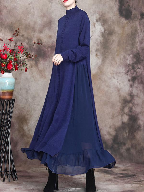 Simple Split-Joint High-Neck Falbala Dress-Maxi Dress-BLUE-FREE SIZE-Free Shipping at meselling99