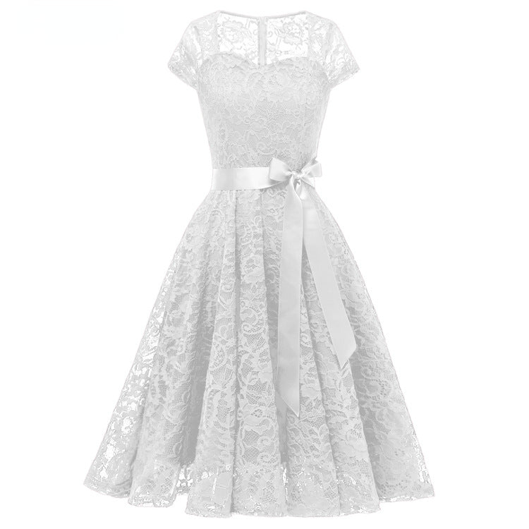 Elegant Short Sleeves Midi Lace Dresses-Dresses-White-S-Free Shipping at meselling99