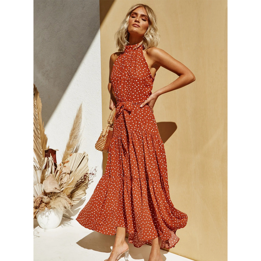 Summer Woemn Dot Print Sleeveless High Neck Ruffled Long Dresses-Red-S-Free Shipping at meselling99
