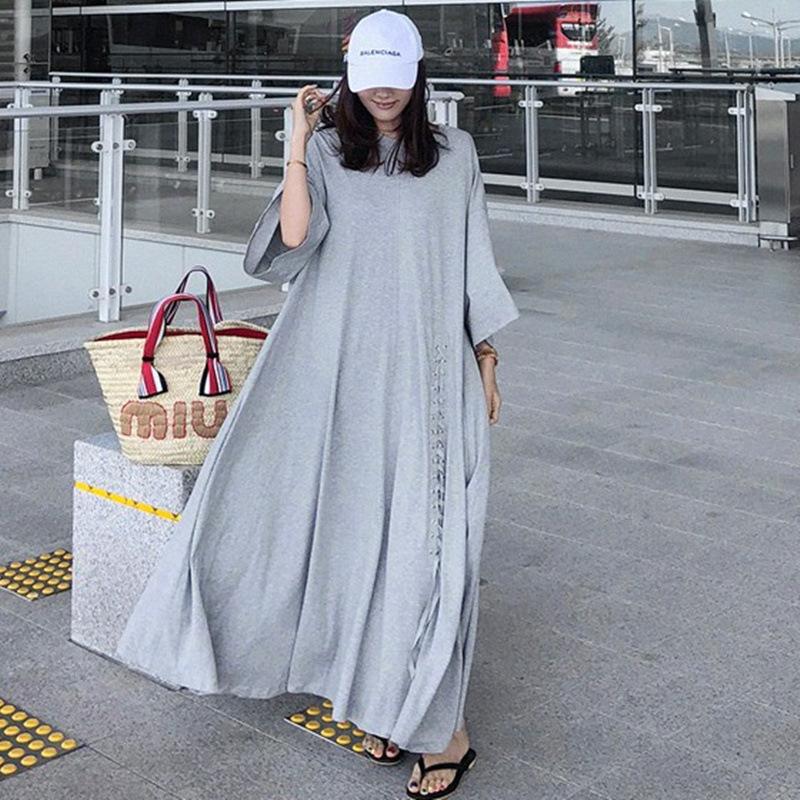 Women Summer Plus Sizes Loose Cozy Dresses-Maxi Dresses-Gray-S-Free Shipping at meselling99