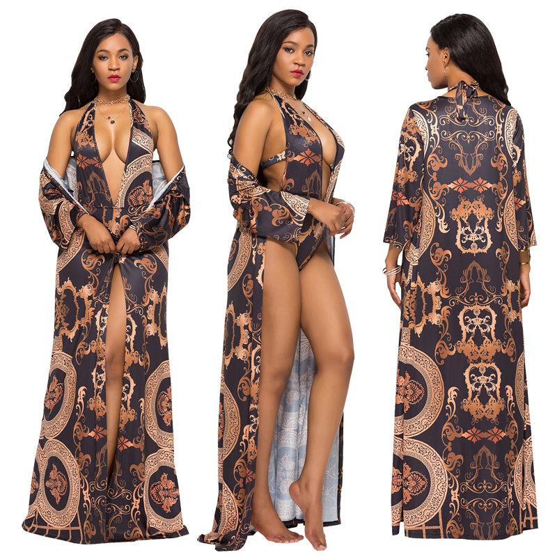 Fashion Sexy Print One Piece Swimwear+ Beach Cover Ups-Cover Ups-The same as picture-M-Free Shipping at meselling99