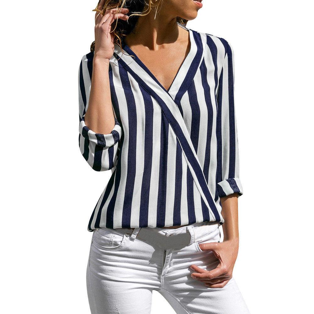 Women Long Sleeves V Neck Striped Shirt Blouses-Blue-S-Free Shipping at meselling99