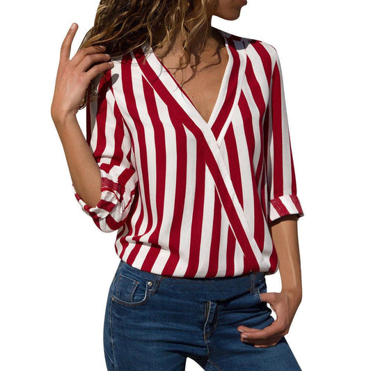 Women Long Sleeves V Neck Striped Shirt Blouses-Red-S-Free Shipping at meselling99