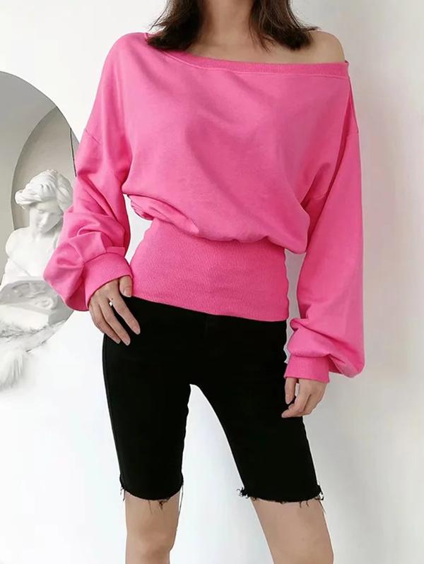 Meselling99 Solid Color Off-The-Shoulder Zipper Sweat Shirts-Hoodies & Jackets-ROSE RED-S-Free Shipping at meselling99