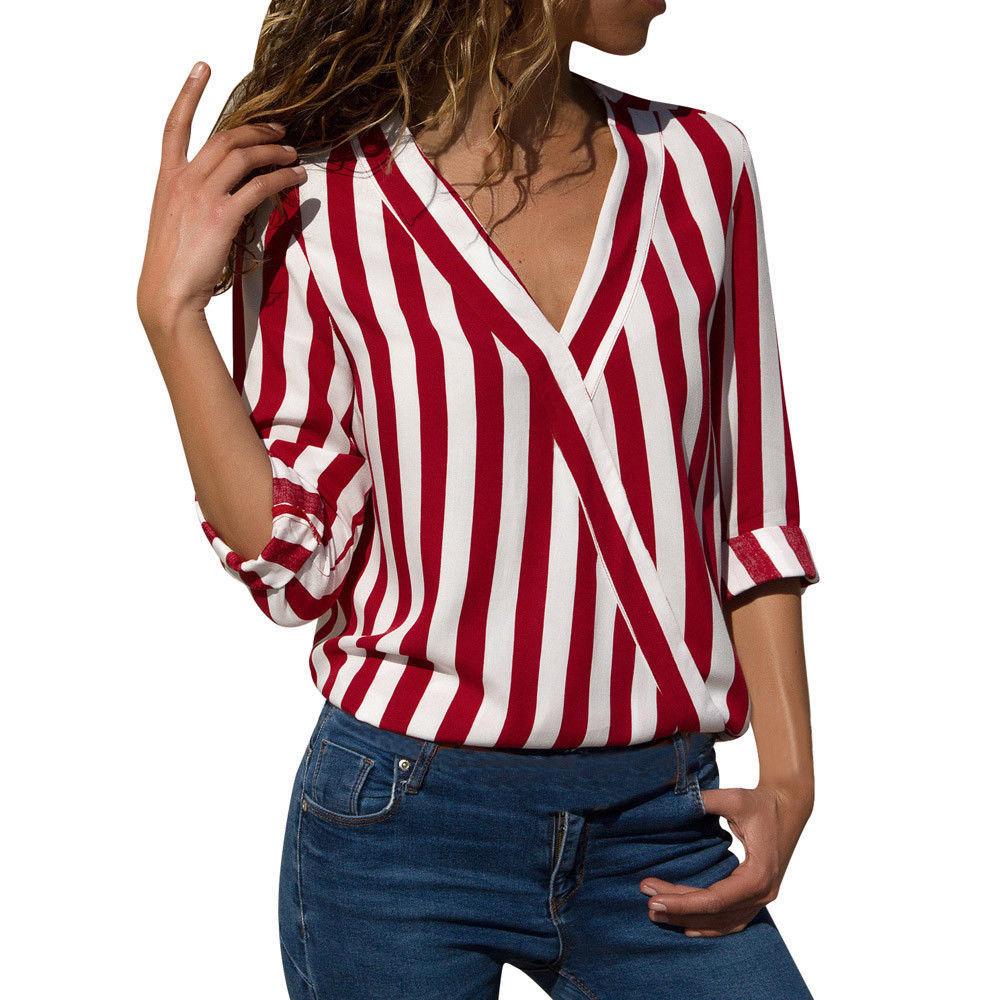 Women Long Sleeves V Neck Striped Shirt Blouses--Free Shipping at meselling99
