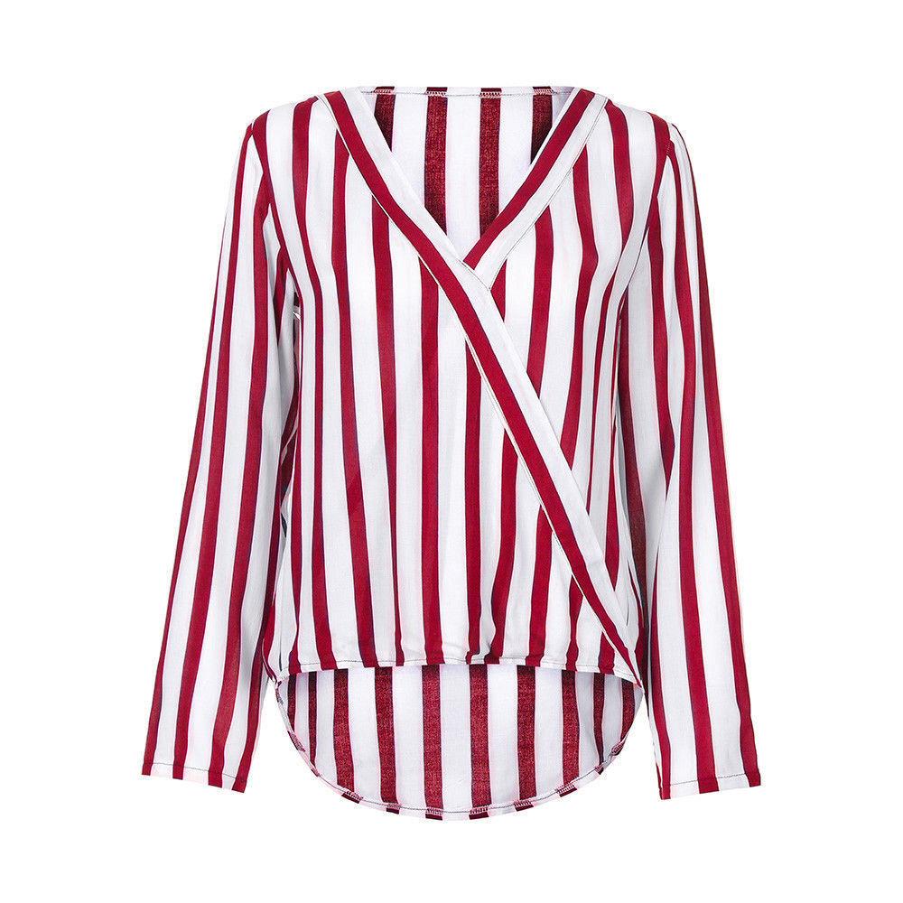 Women Long Sleeves V Neck Striped Shirt Blouses--Free Shipping at meselling99