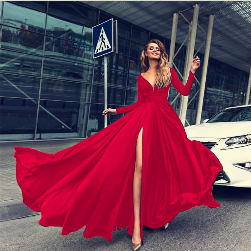 Sexy Women V-neck Long Sleeves Long Maxi Dresses 2820-Maxi Dresses-Red-S-Free Shipping at meselling99