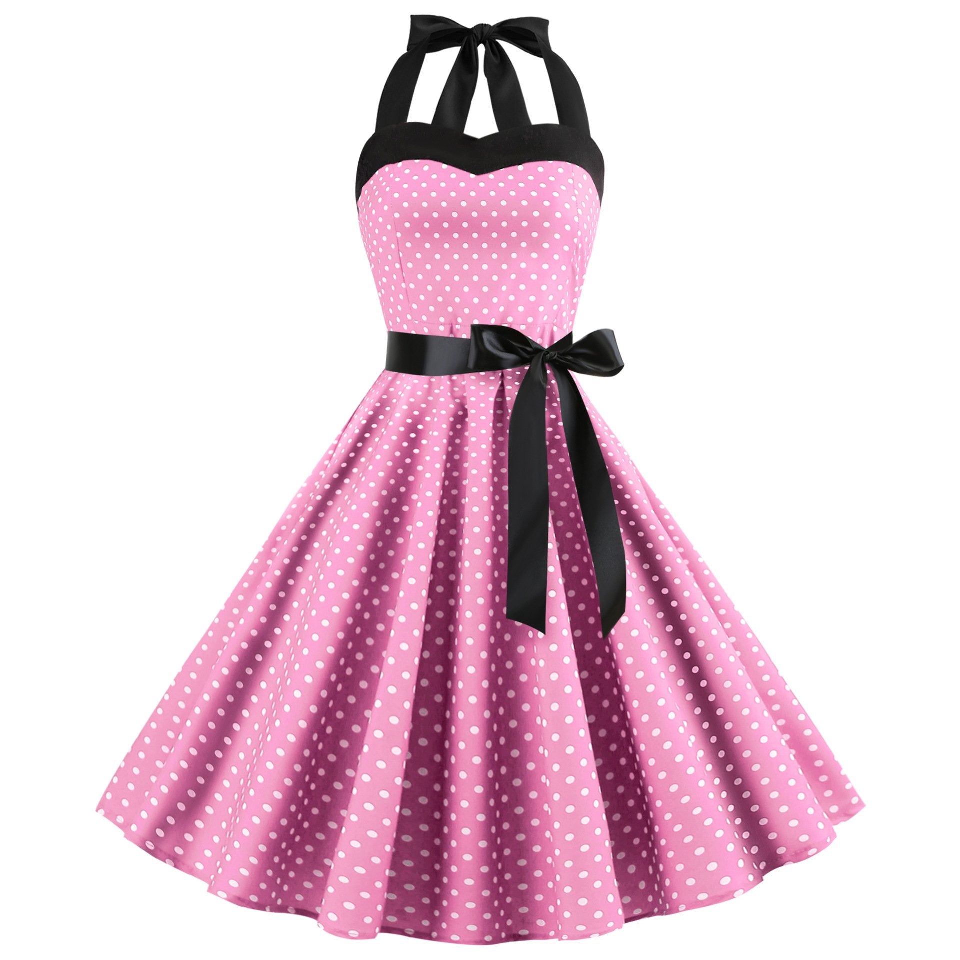 Summer Halter Dot Print Strapless Retro Dresses-Vintage Dresses-Pink-S-Free Shipping at meselling99