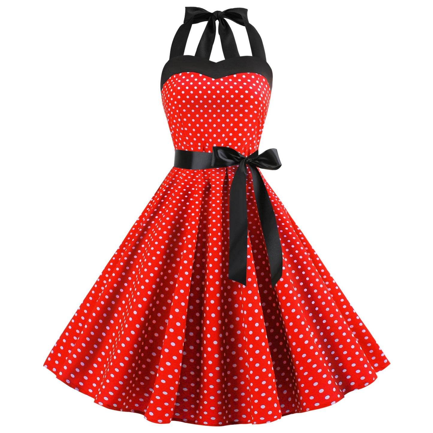 Summer Halter Dot Print Strapless Retro Dresses-Vintage Dresses-Red-S-Free Shipping at meselling99