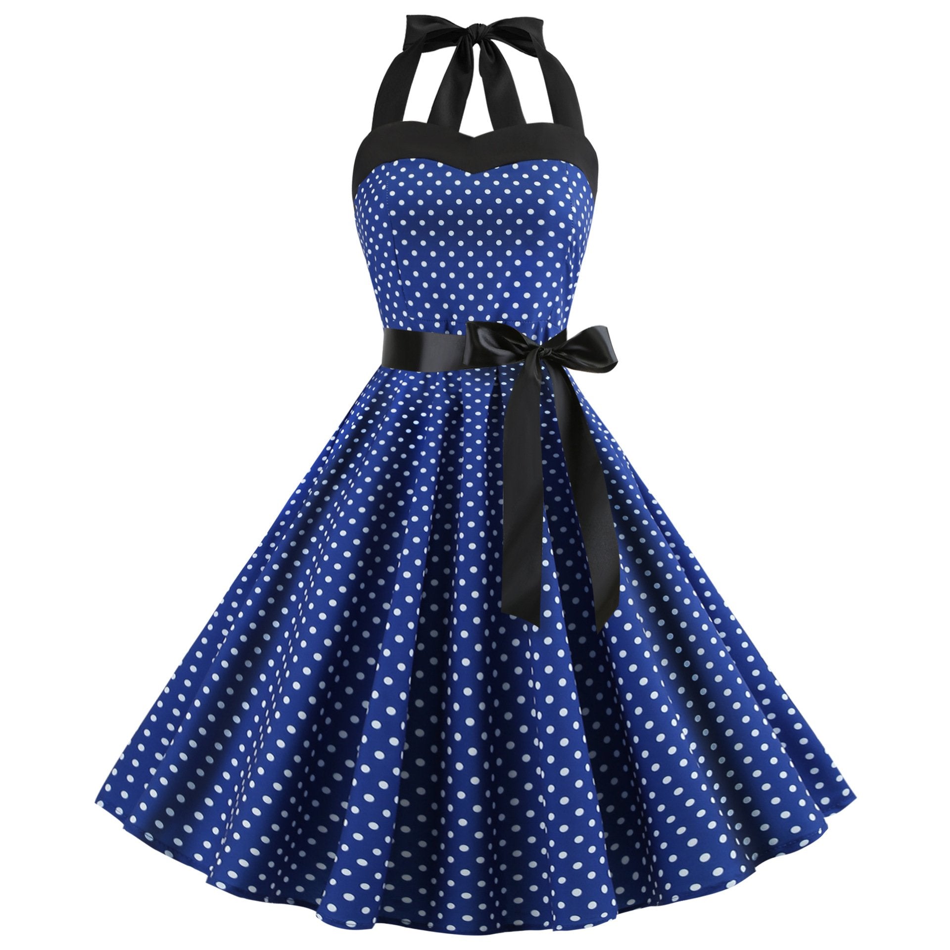 Summer Halter Dot Print Strapless Retro Dresses-Vintage Dresses-Dark Blue-S-Free Shipping at meselling99