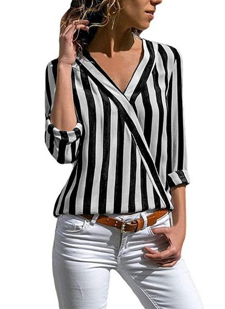 Women Long Sleeves V Neck Striped Shirt Blouses-Black-S-Free Shipping at meselling99