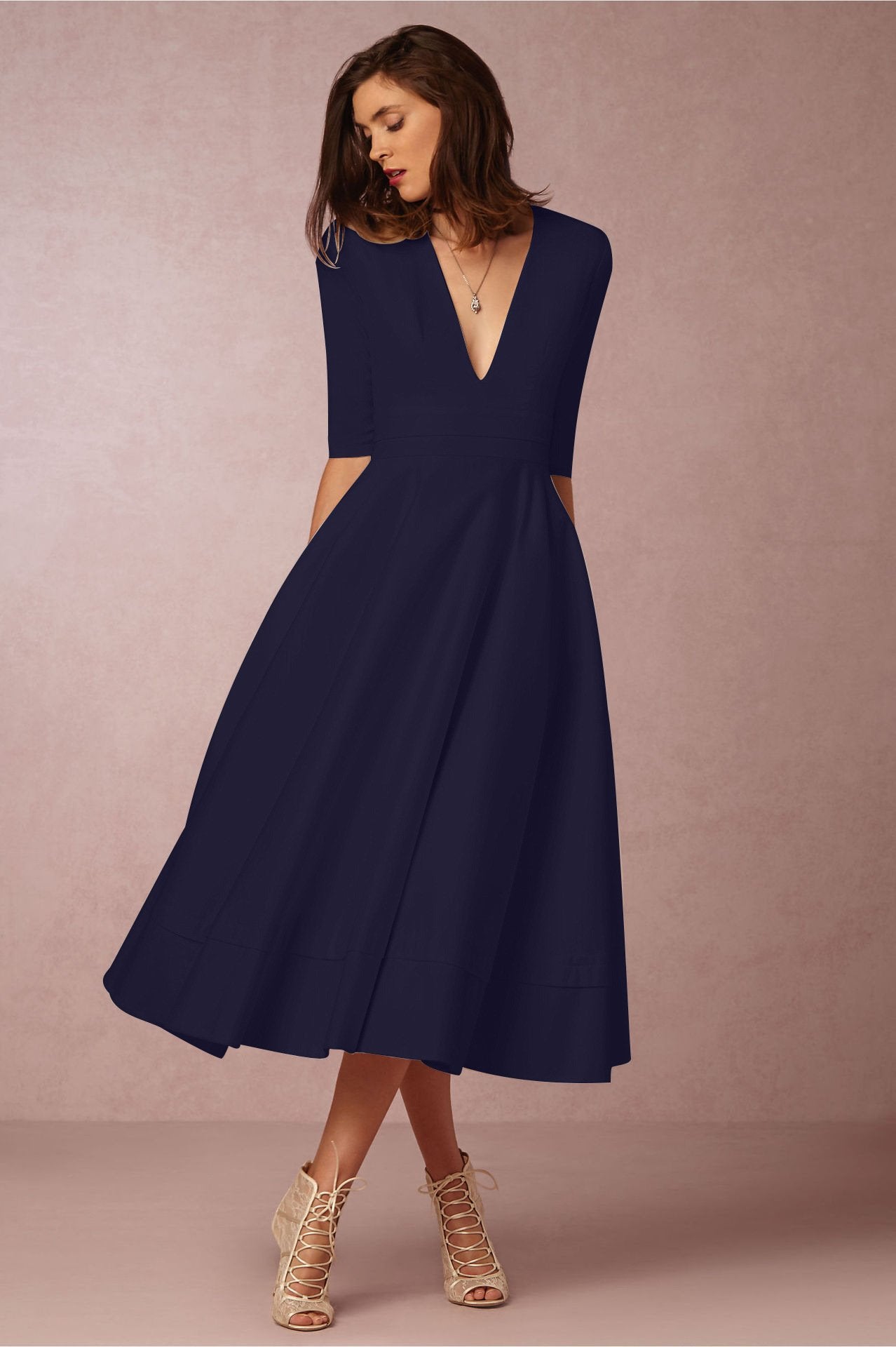 Sexy V Neck Half Sleeves Midi Length Dresses-Vintage Dresses-Dark Blue-S-Free Shipping at meselling99