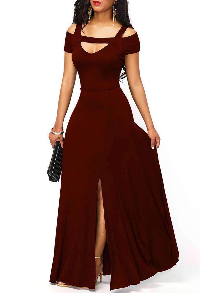 Sexy Backless Square Neck Short Sleeve Maxi Dresses-Maxi Dresses-Wine Red-S-Free Shipping at meselling99