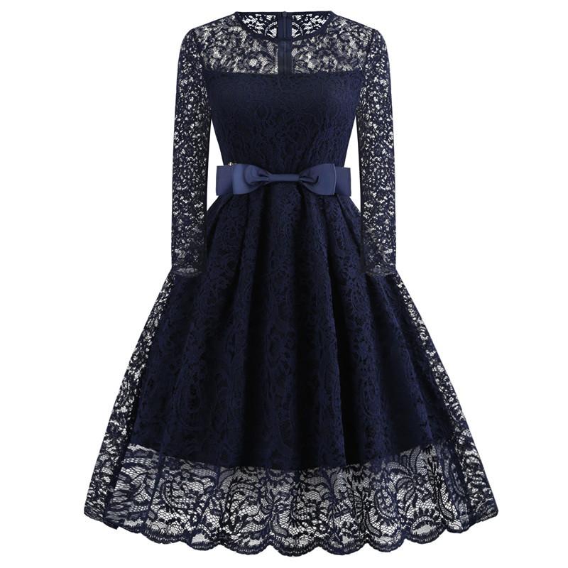Vintage Lace Long Sleeves Bet Slim Lace Dresses-Vintage Dresses-Dark Blue-S-Free Shipping at meselling99