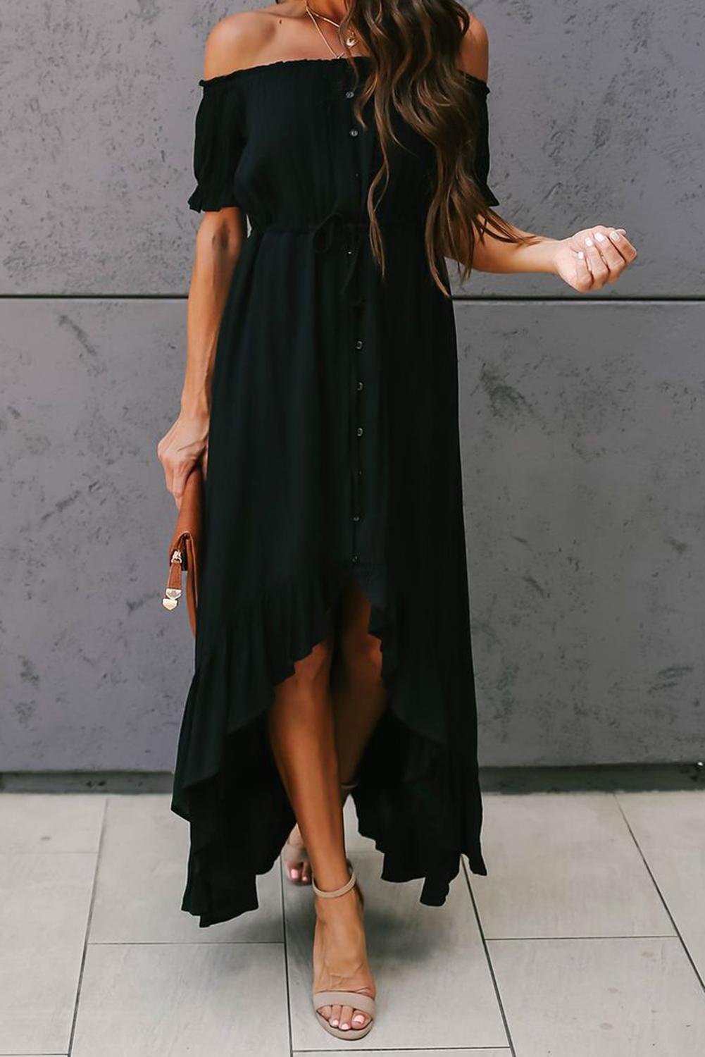 Black Glaze High Low Off The Shoulder Maxi Dress-Maxi Dresses-Free Shipping at meselling99