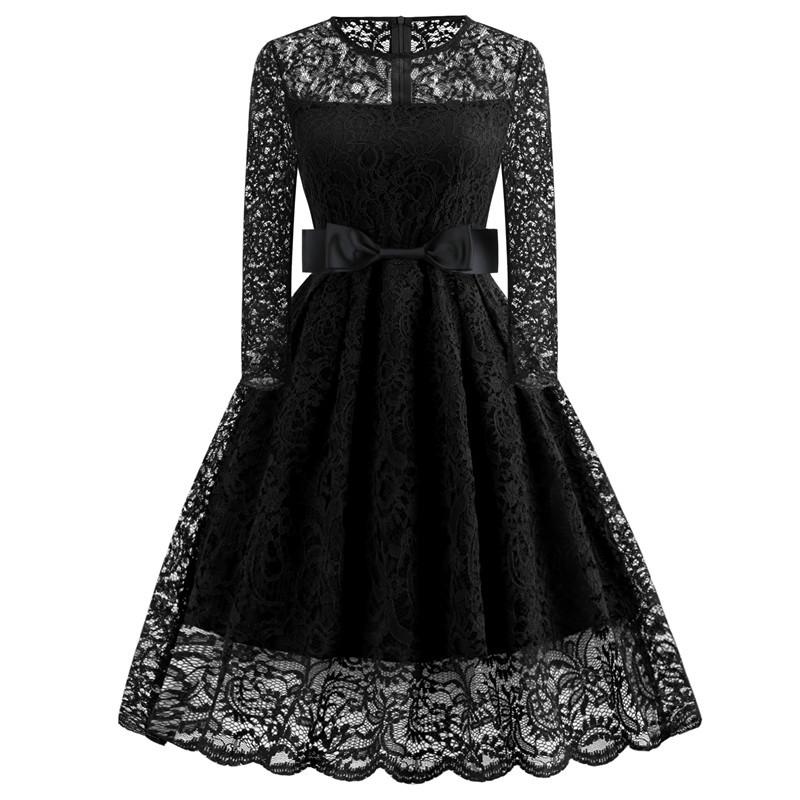 Vintage Lace Long Sleeves Bet Slim Lace Dresses-Vintage Dresses-Black-S-Free Shipping at meselling99
