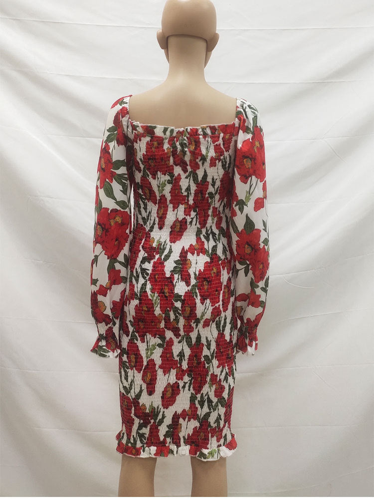 Sexy Red Flowers Long Sleeves Dresses--Free Shipping at meselling99