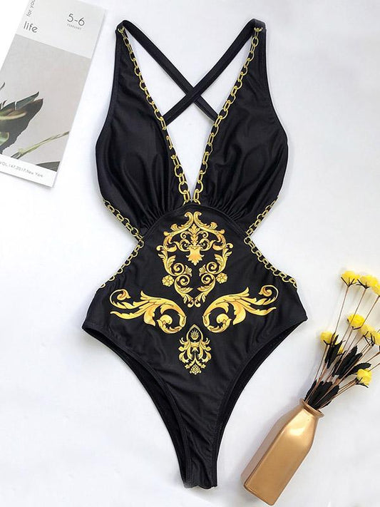 Mesellin99 V-Neck Hollow Backless Printing One-Piece Swimwear-One-Piece Swimwear-SAME AS PICTURE-M-Free Shipping at meselling99