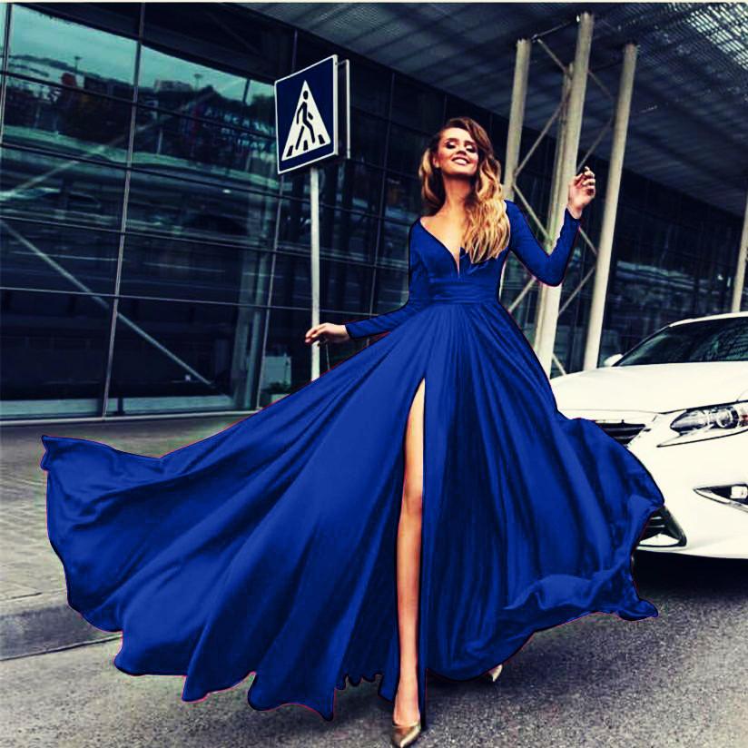 Sexy Women V-neck Long Sleeves Long Maxi Dresses 2820-Maxi Dresses-Blue-S-Free Shipping at meselling99