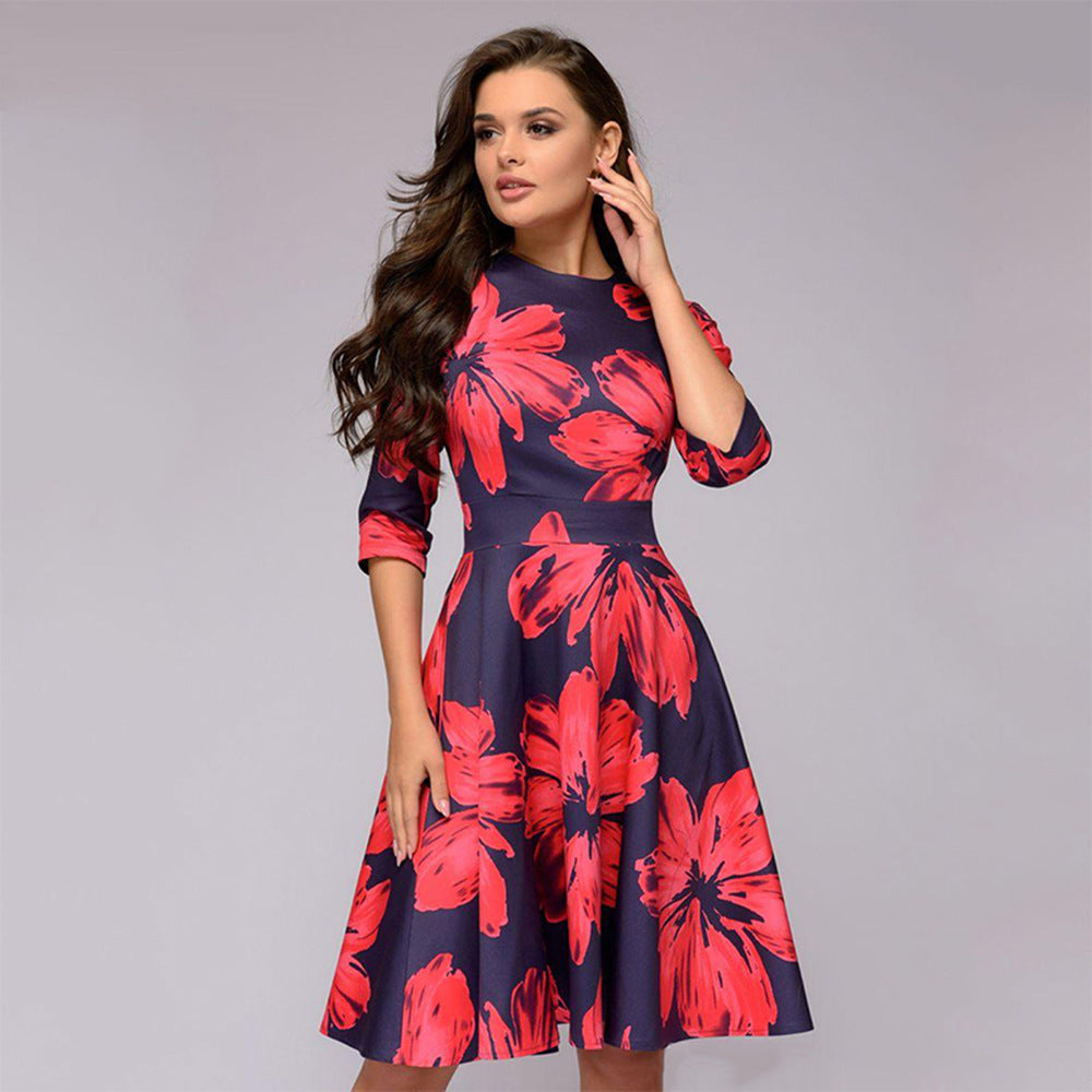 Elegant Women Round Neck Vintage Fall Dresses-Red-S-Free Shipping at meselling99