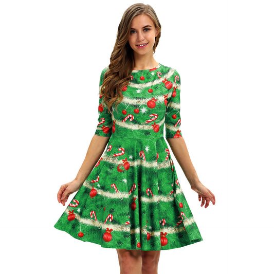 Merry Christmas Print Long Sleeves Fashion Dresses-Green-1-S-Free Shipping at meselling99