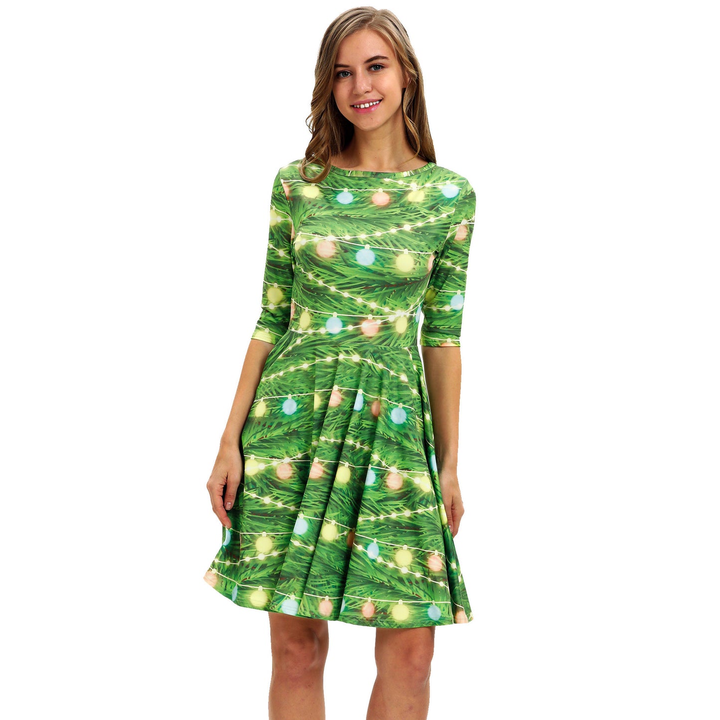 Merry Christmas Print Long Sleeves Fashion Dresses-Green-2-S-Free Shipping at meselling99