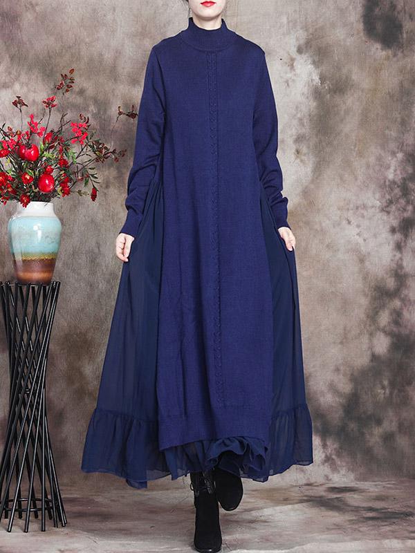 Simple Split-Joint High-Neck Falbala Dress-Maxi Dress-Free Shipping at meselling99