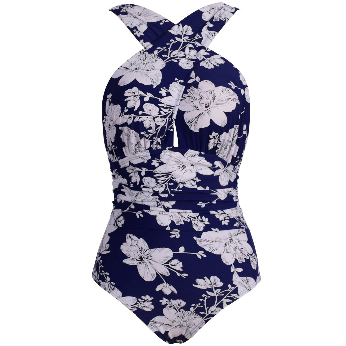 Plus Size Women One Piece Halter Swimsuit-White Flower-S-Free Shipping at meselling99