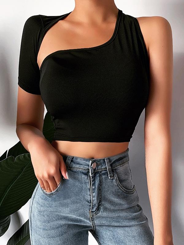 Meselling99 Sexy Solid Cropped One-Shoulder Vest Top-Tees & Tanks-BLACK-S-Free Shipping at meselling99