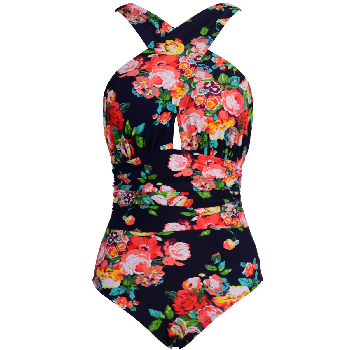 Plus Size Women One Piece Halter Swimsuit-Red Flower-S-Free Shipping at meselling99