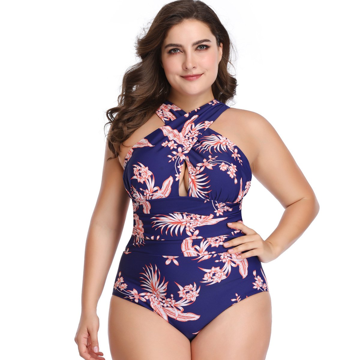 Plus Size Women One Piece Halter Swimsuit-Leaf Print-S-Free Shipping at meselling99