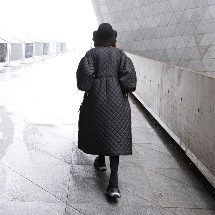 Black Women Puff Sleeves Rhombus Oversized Warm Winter Overcoat-Women Overcoat-Free Shipping at meselling99