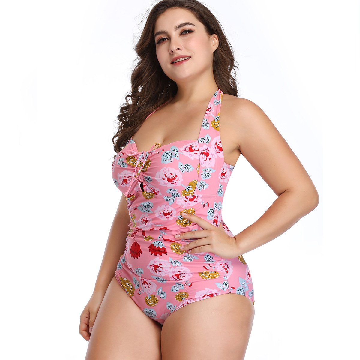 Sexy Women Plus Size Floral Print One Piece Swimwear-Pink-XL-Free Shipping at meselling99