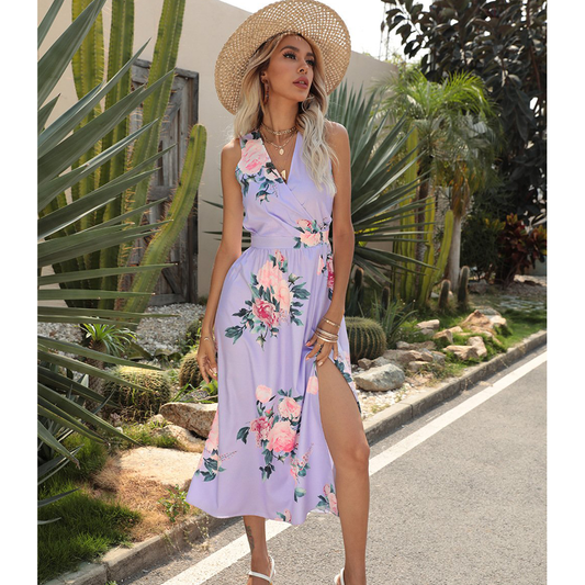 Summer Sexy V Neck Split Mid Length Dresses-Maxi Dresses-Free Shipping at meselling99