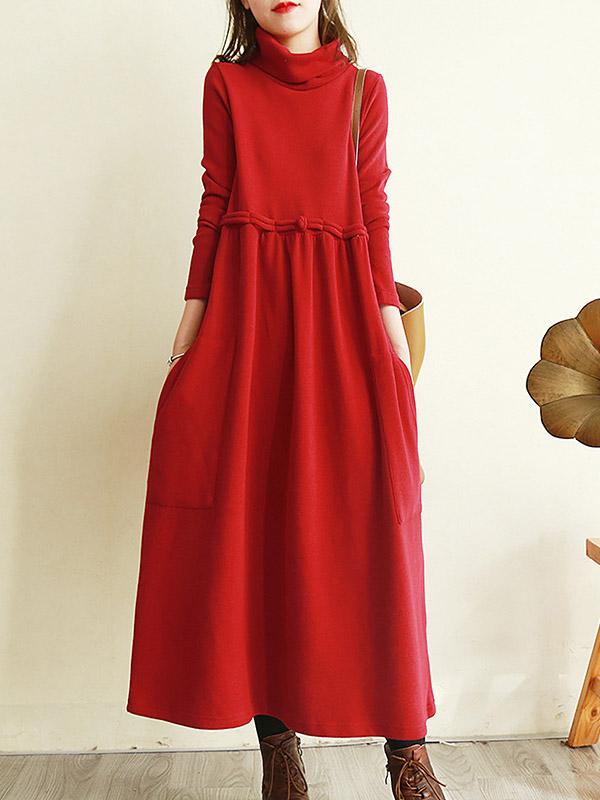 Meselling99 Vintage Solid Color Split-Joint Loose High-Neck Midi Dress-Midi Dress-RED-M-Free Shipping at meselling99